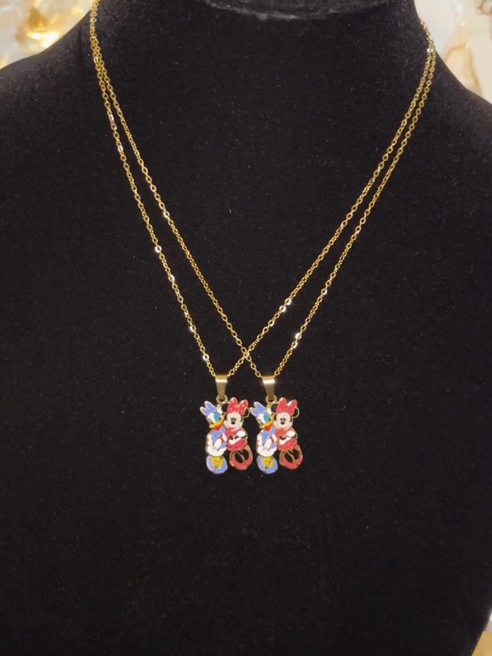 Gold-Tone Kids Double Layer Necklace with Red and Blue Enamel Character Pendants